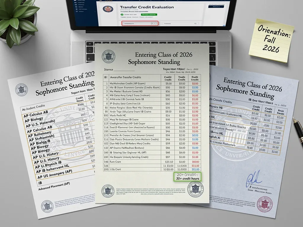 University transcript examples showing sophomore standing credits from AP and IB