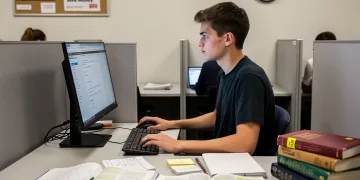 Student successfully taking a CLEP exam, saving money on college