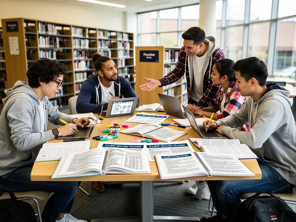 Students studying together for CLEP exams in a library
