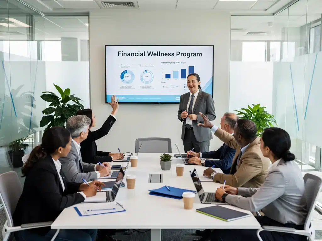 Employees participating in a financial literacy workshop, learning about savings and budgeting strategies.