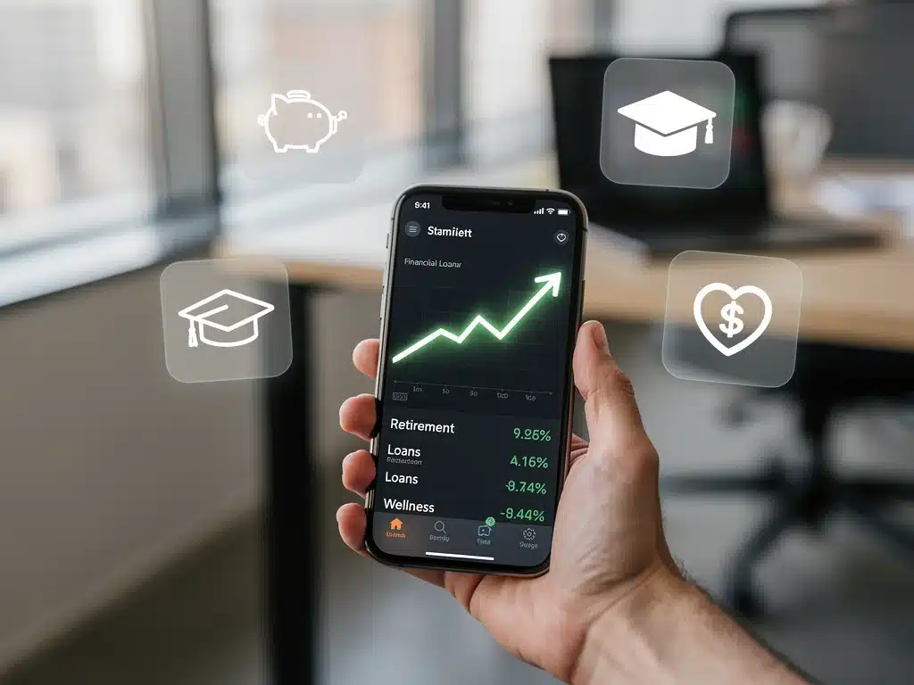 Financial wellness app on smartphone, showcasing employee benefits related to financial planning and savings.