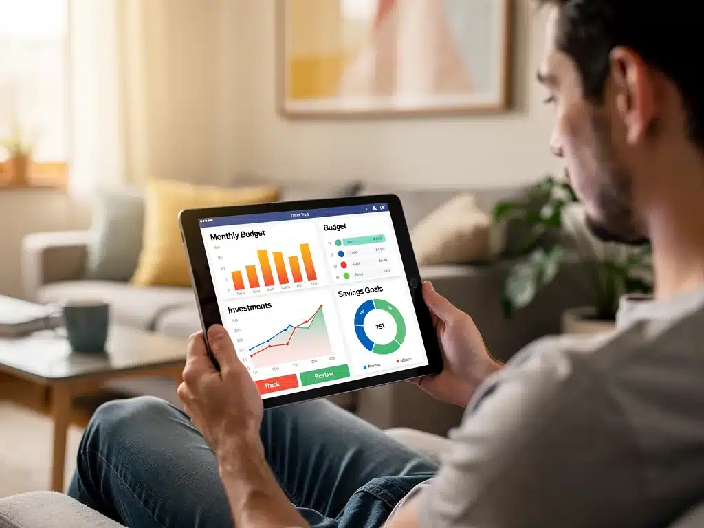 Individual managing personal finances using a tablet app, displaying budget, investments, and savings goals.