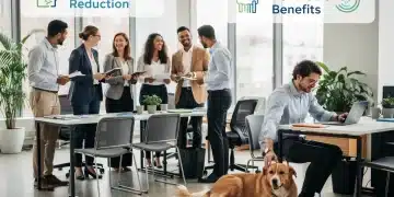 Pet Insurance as Employee Benefit 2026: 15% Premium Reduction Worth It? Employees with pet in modern office discussing pet insurance benefits