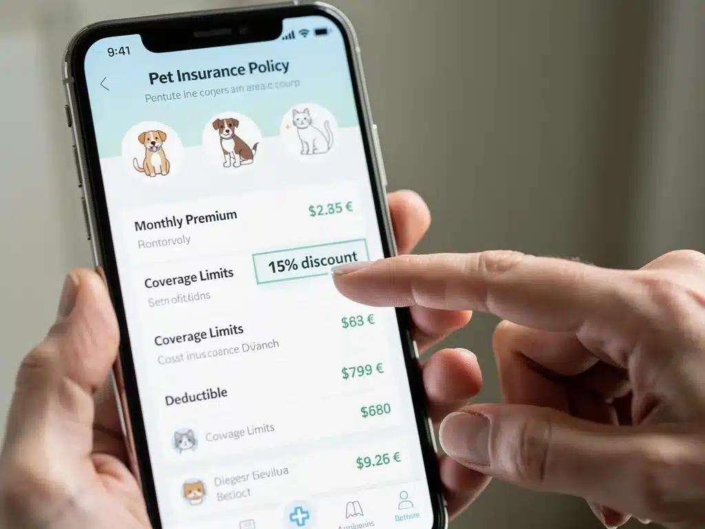 Smartphone showing pet insurance policy with 15 percent discount