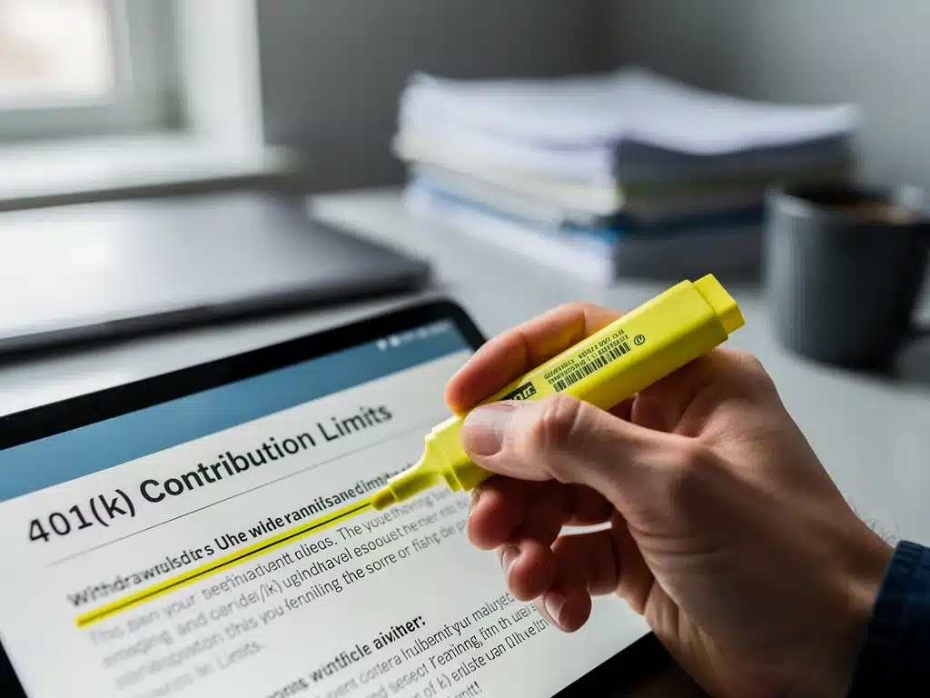 Hand pointing to 401k contribution limits on a tablet