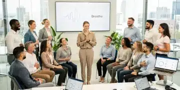 Employees participating in a mindfulness session in a modern office, highlighting stress reduction.