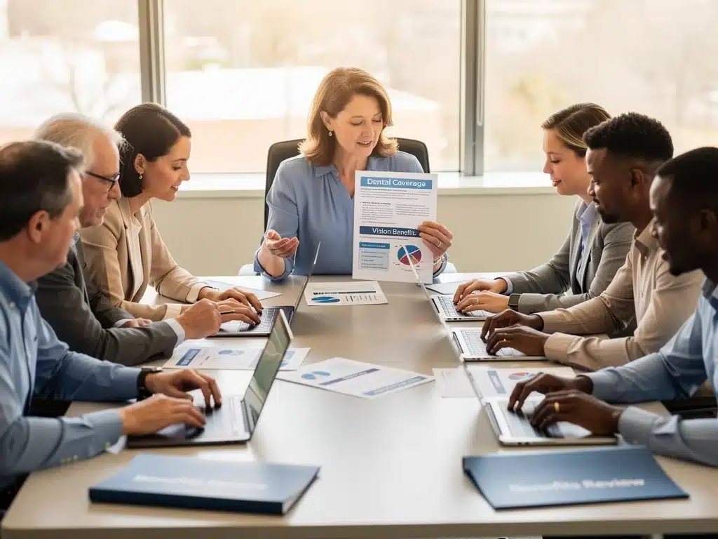 Diverse group reviewing dental and vision insurance documents and comparing benefit options.