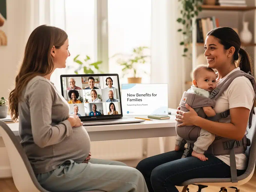 Employees discussing parental leave policies in a workplace meeting.