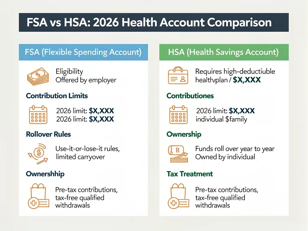 Infographic comparing FSA and HSA eligibility and features in 2026