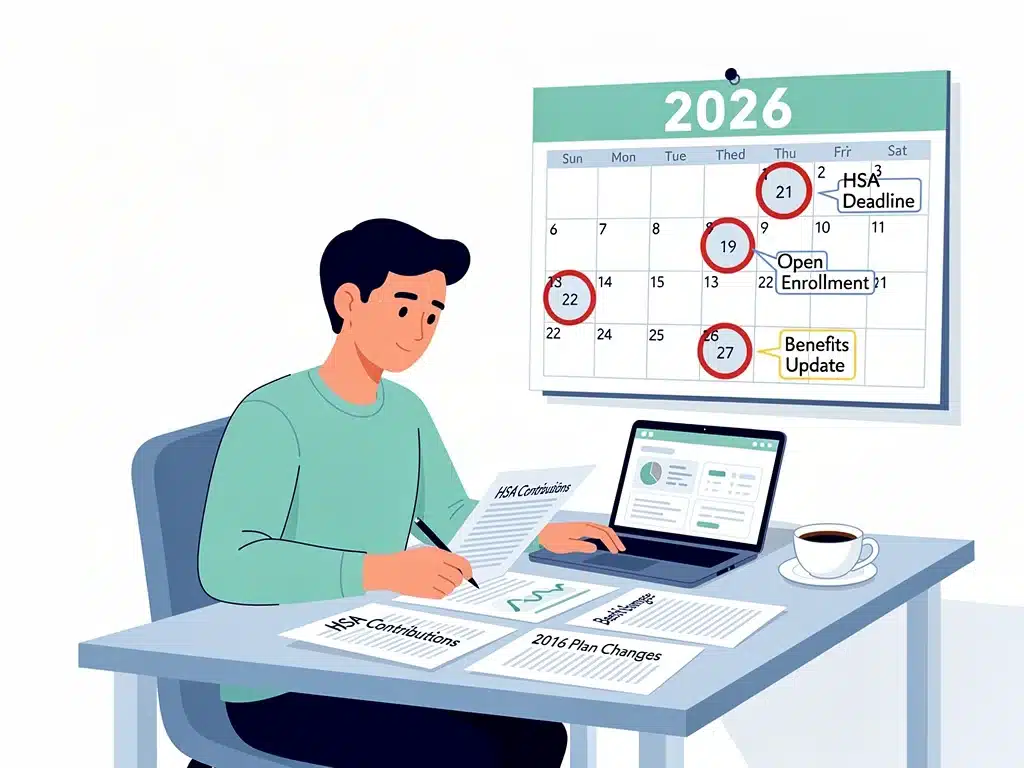 Person reviewing financial documents and calendar, emphasizing HSA contribution deadlines.