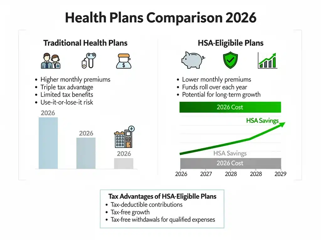 Comparison graphic of traditional vs. HSA health plans, highlighting tax benefits.