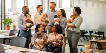 Parents with babies in a modern office showcasing parental leave benefits