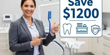 Smiling person pointing to dental savings graphic
