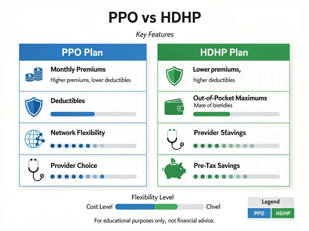 Infographic comparing PPO and HDHP health plan features