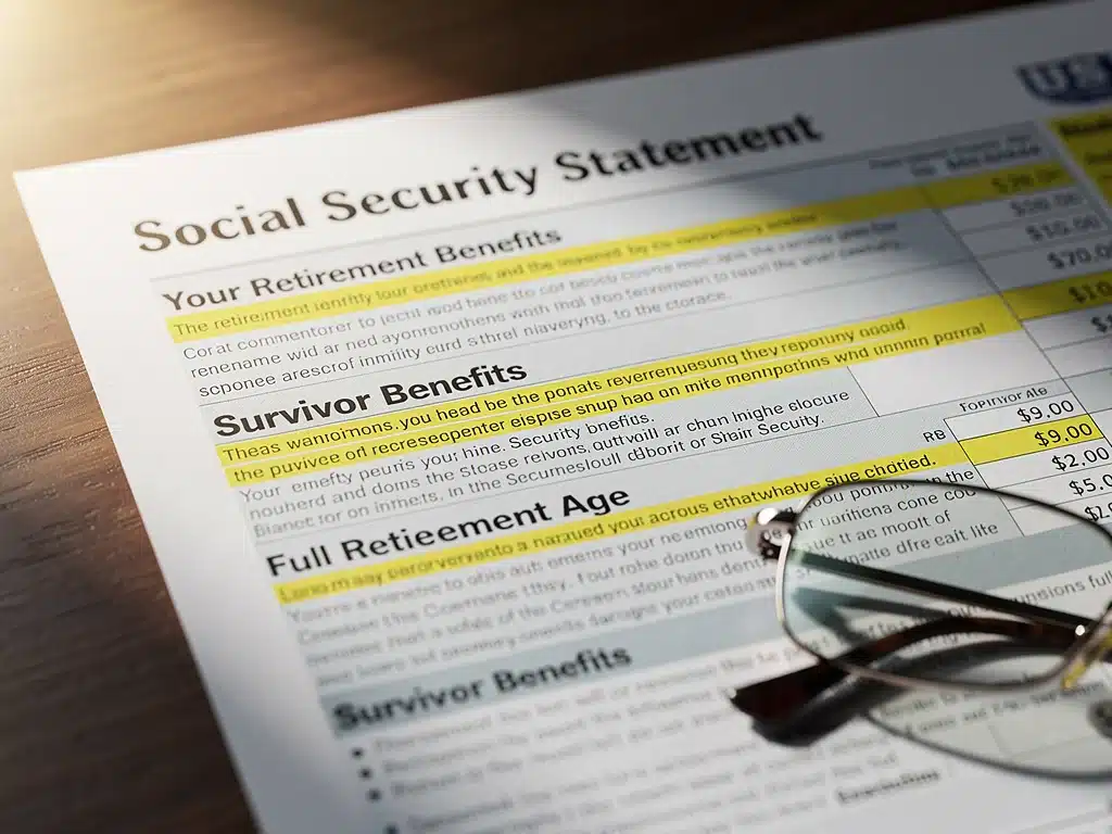 Social Security statement detailing survivor benefits eligibility and amounts
