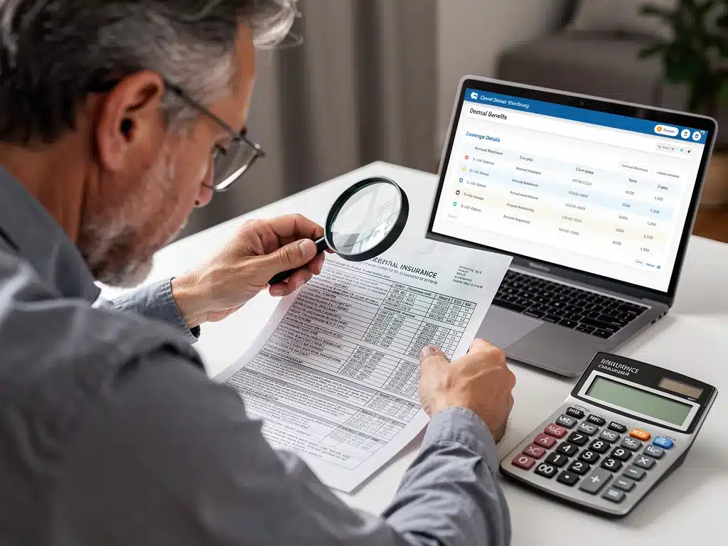 Person examining dental insurance policy with magnifying glass