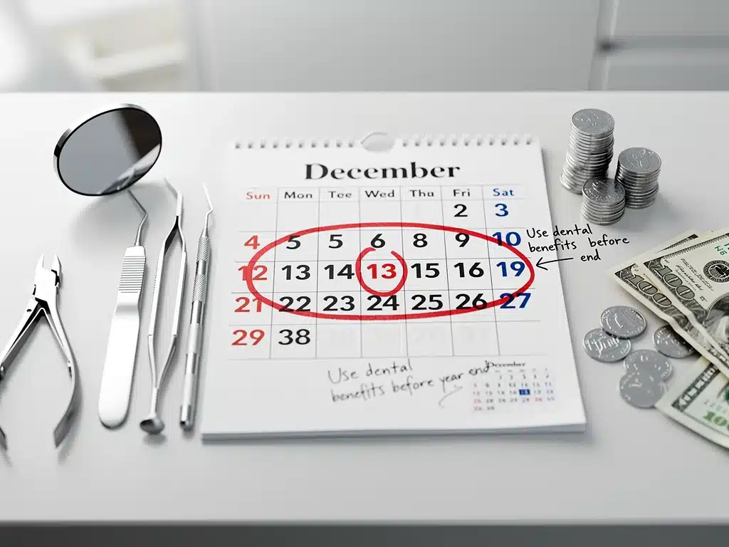 Calendar with year-end highlighted and dental tools